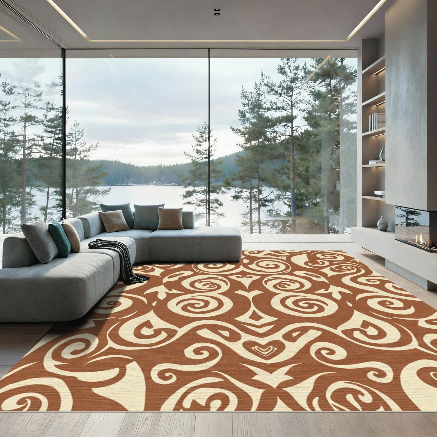 Brown Cream Swirling Arabesque Rug