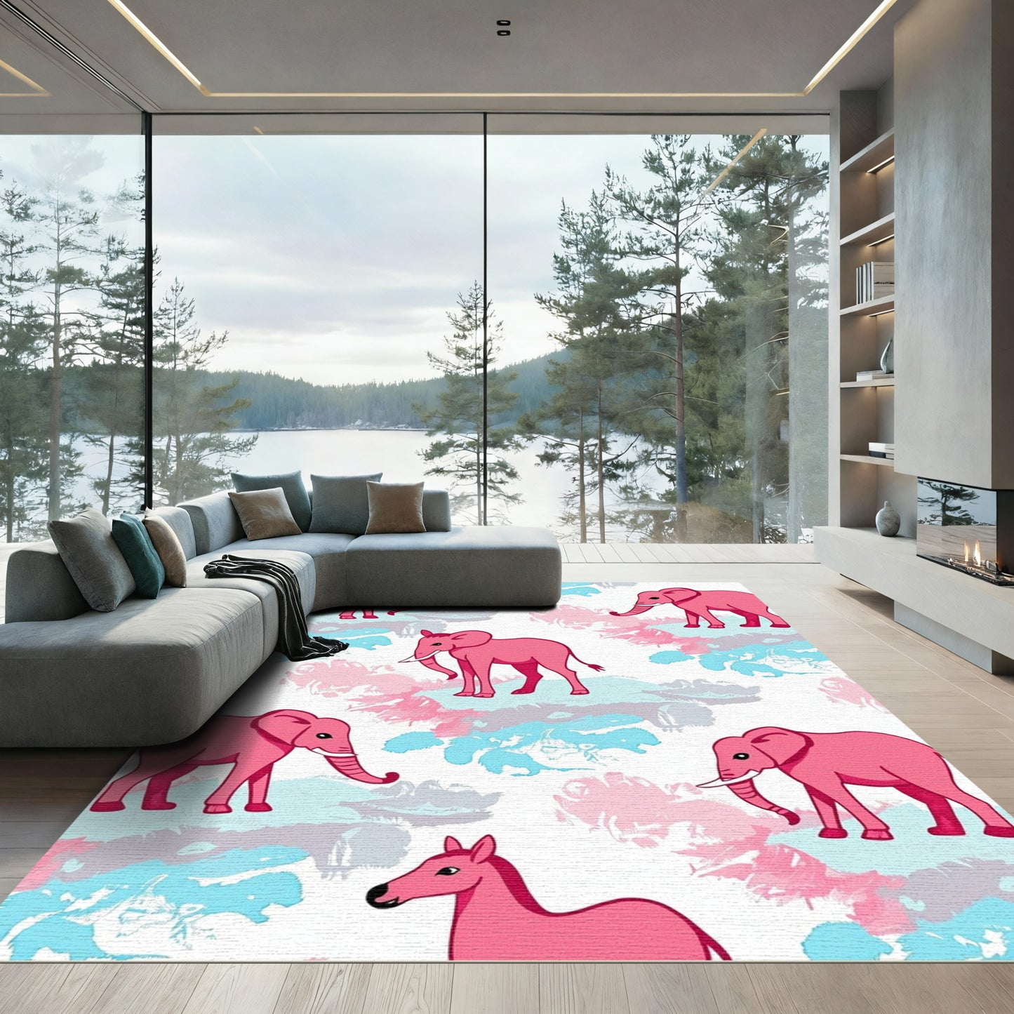 Pink Elephant Watercolor Spotty Rug