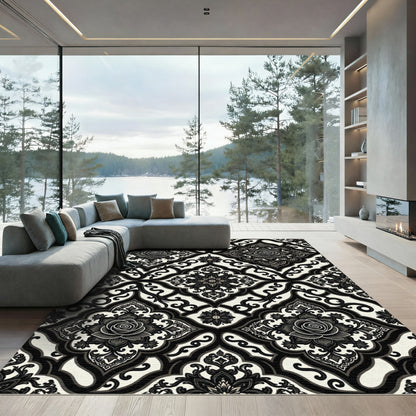 Black and Cream Rose Medallion Damask Rug