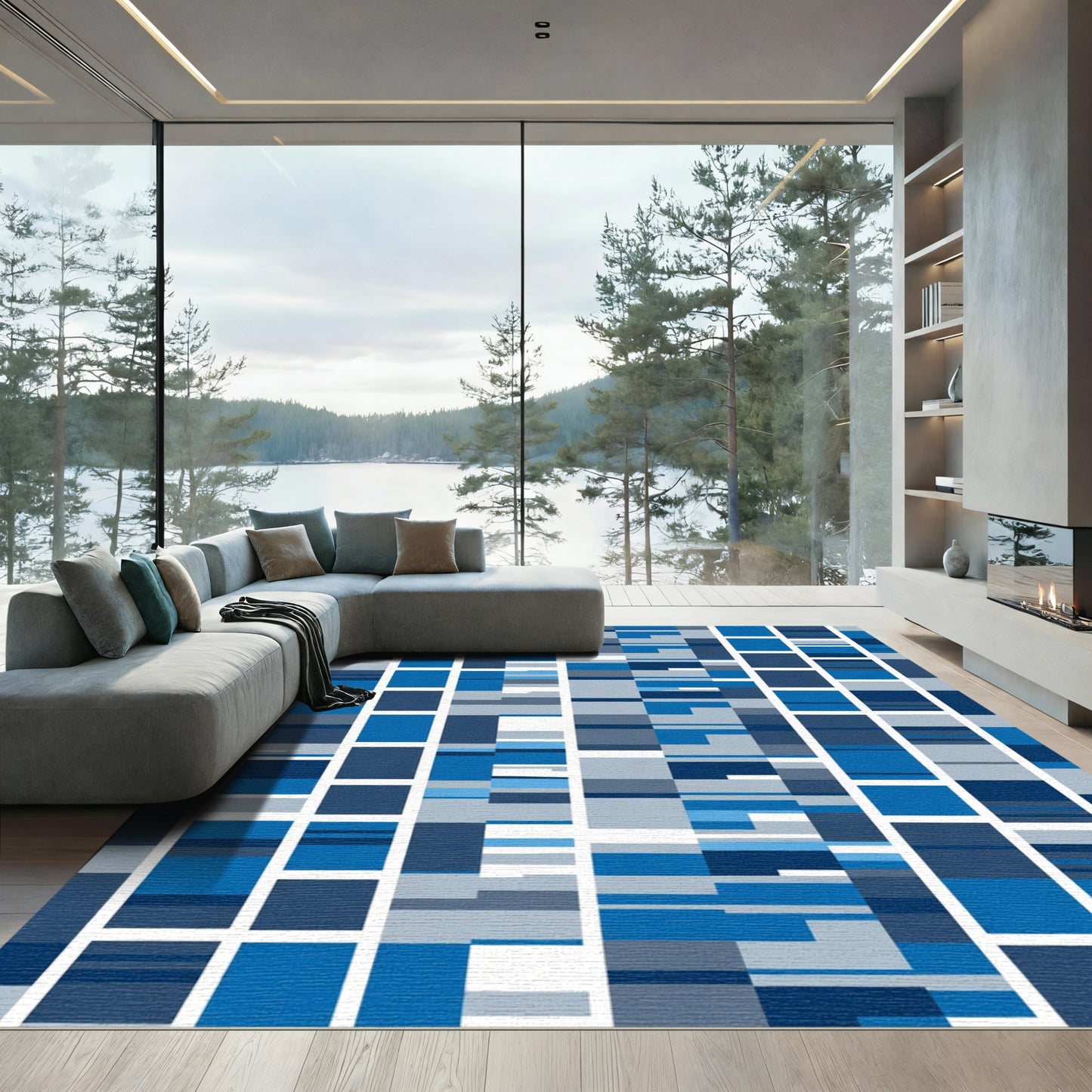 Deep Blue Rectangular Blocks Gradient Rug