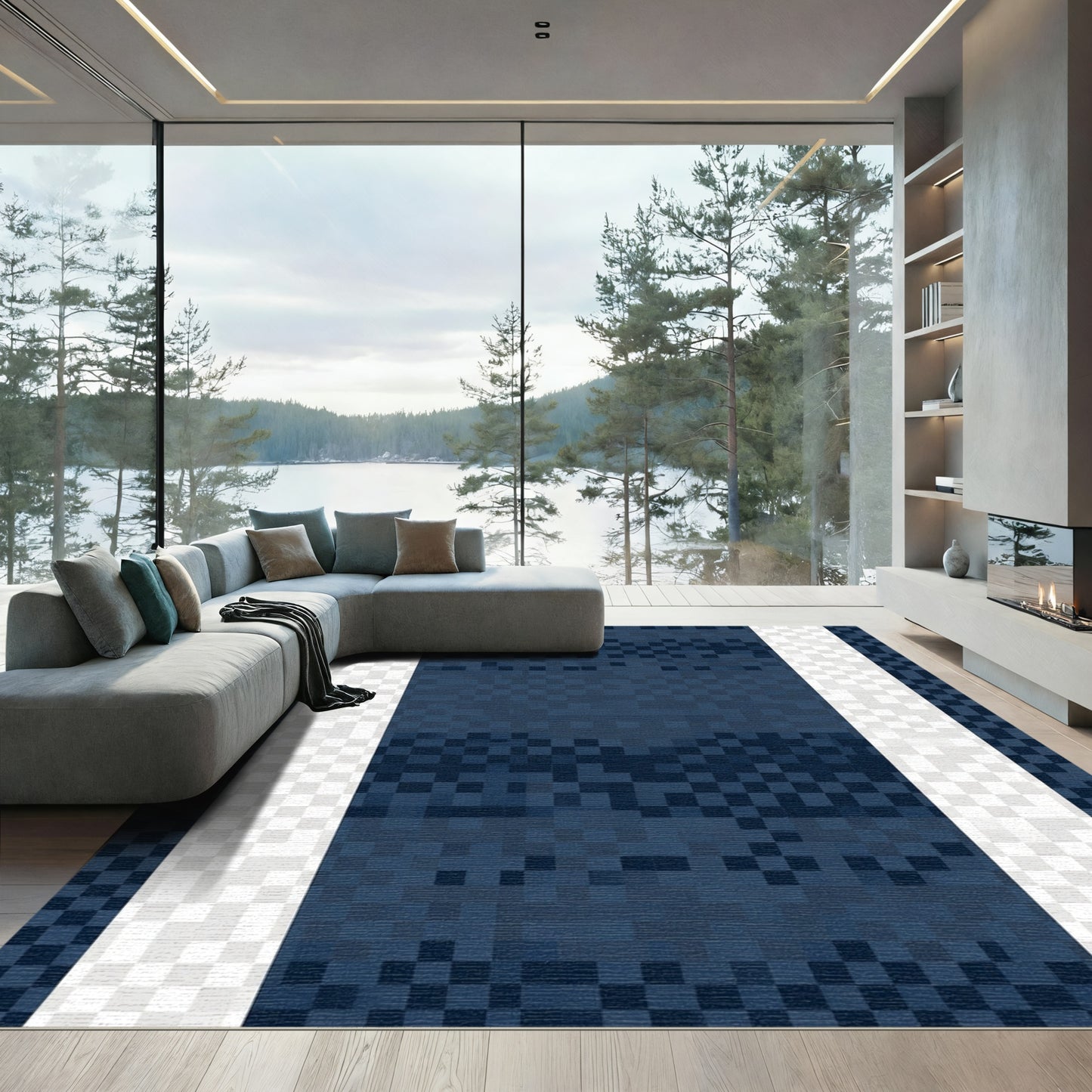 Denim Blue Pixelated Stripe Rug