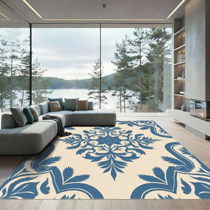 Classic Blue Damask Floral Medallion Rug