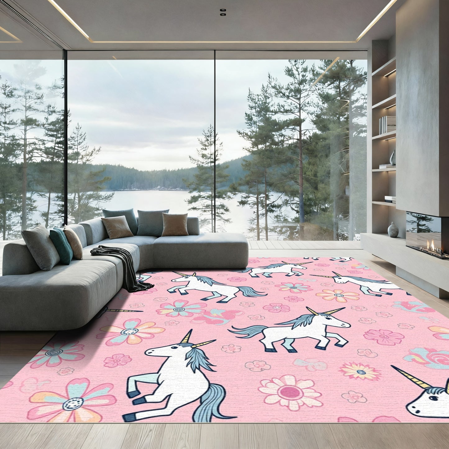 Whimsical Unicorn Floral Pink Fantasy Rug