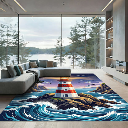 Coastal Red White Lighthouse Seagull Waves Rug