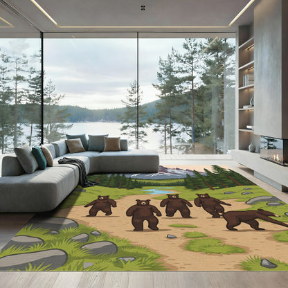 Woodland Bears Mountain Landscape Scene Rug