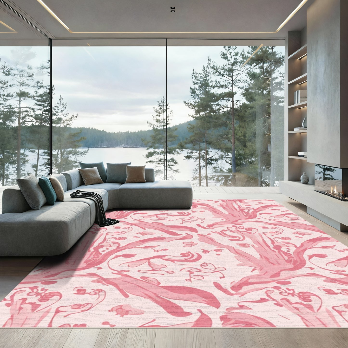 Pink Watercolor Floral Vines Rug