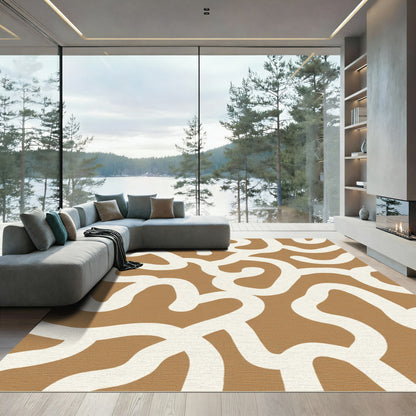 Warm Tan White Abstract Swirls Rug