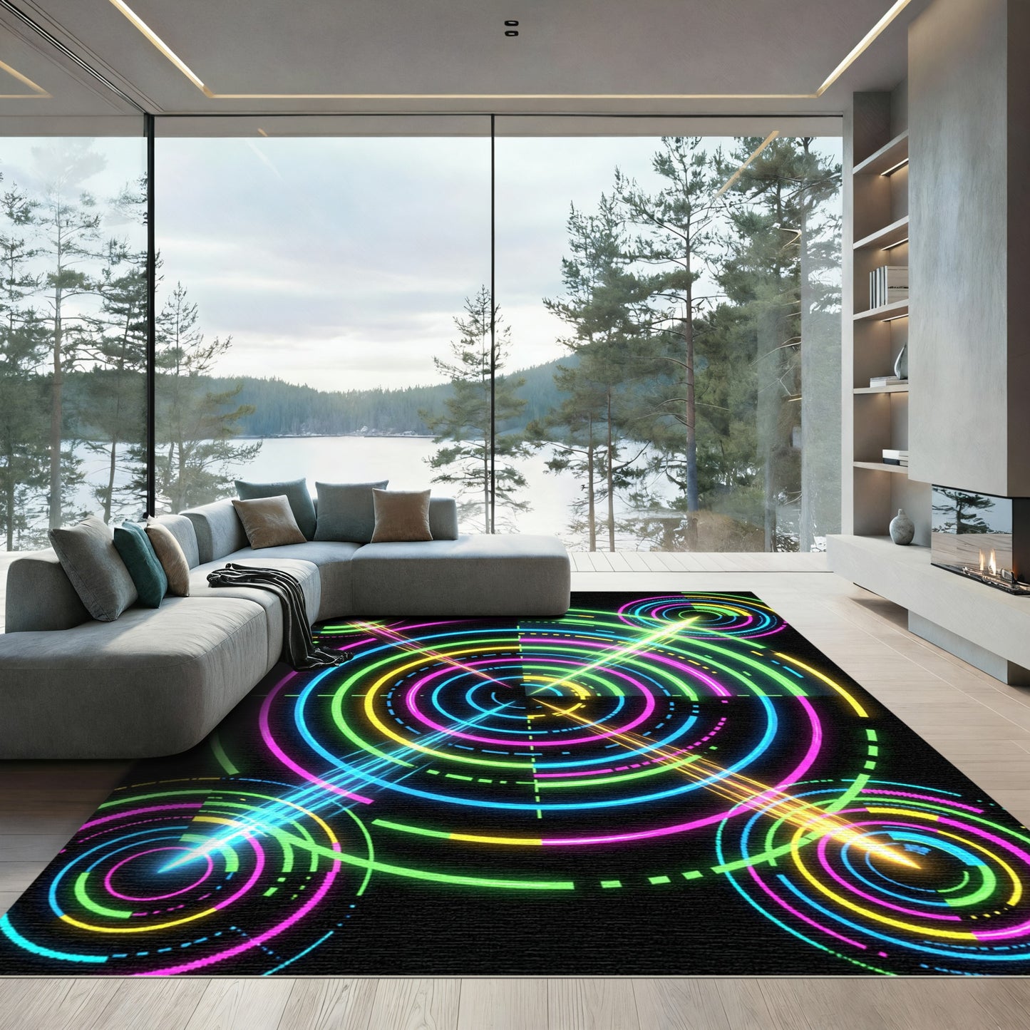 Neon Cybernetic Circular Ray Grid Rug