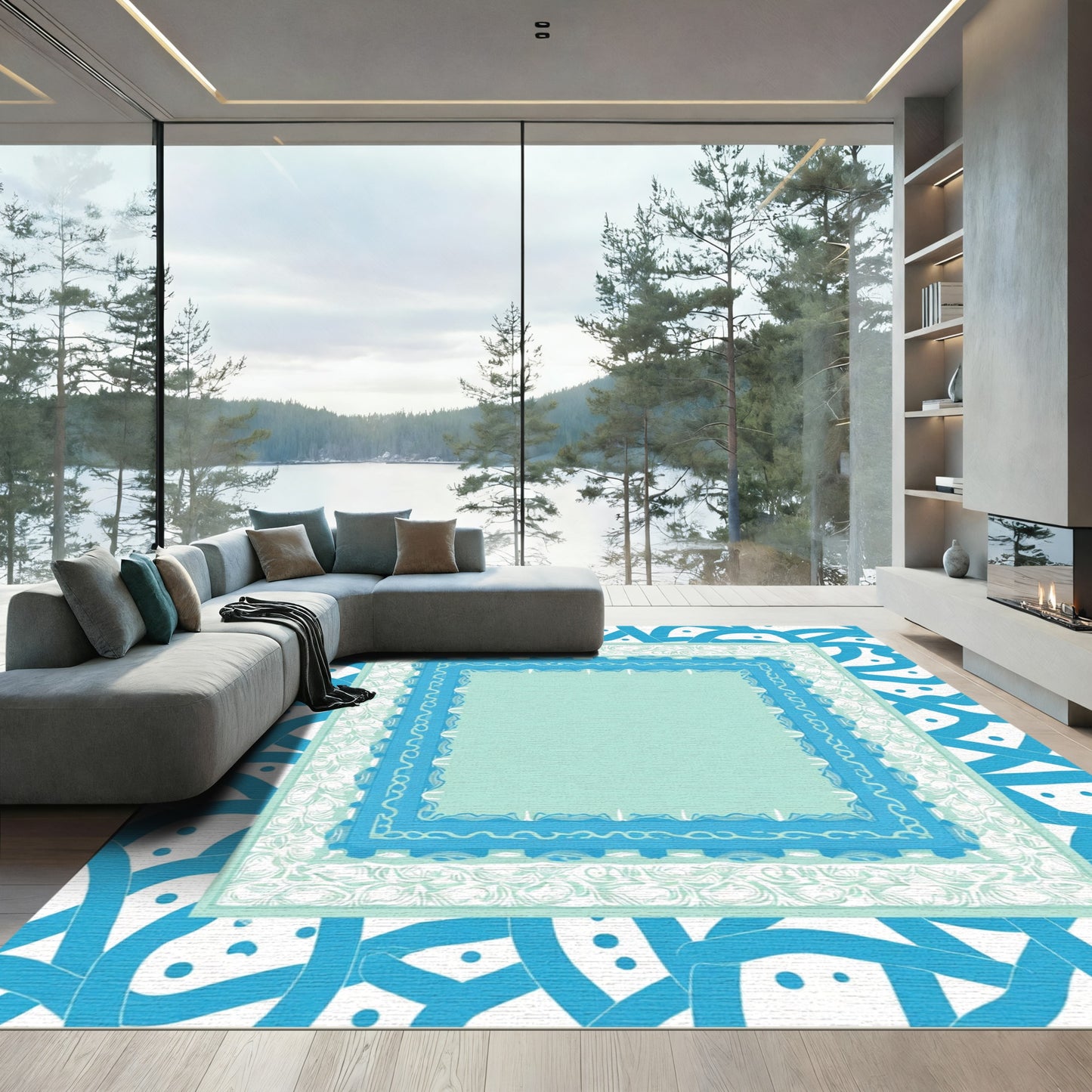 Aqua Blue Layered Geometric Borders Rug