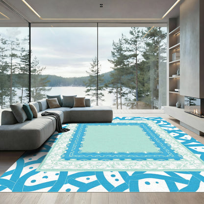 Aqua Blue Layered Geometric Borders Rug