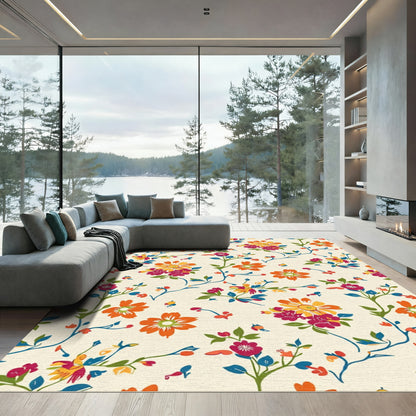 Vibrant Floral Vines Cream Background Rug