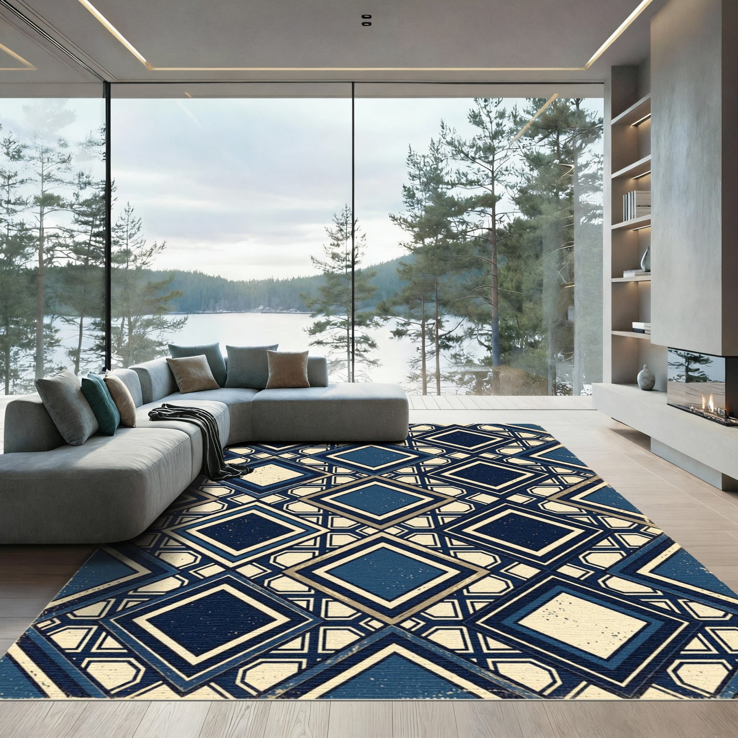 Navy and Ivory Geometric Diamond Lattice Rug