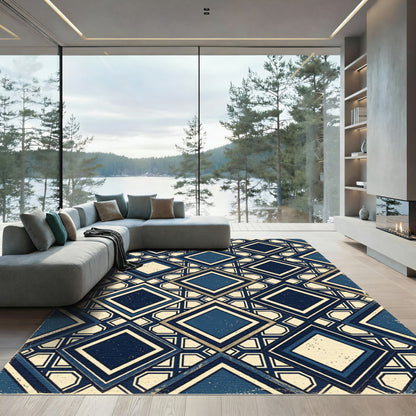Navy and Ivory Geometric Diamond Lattice Rug
