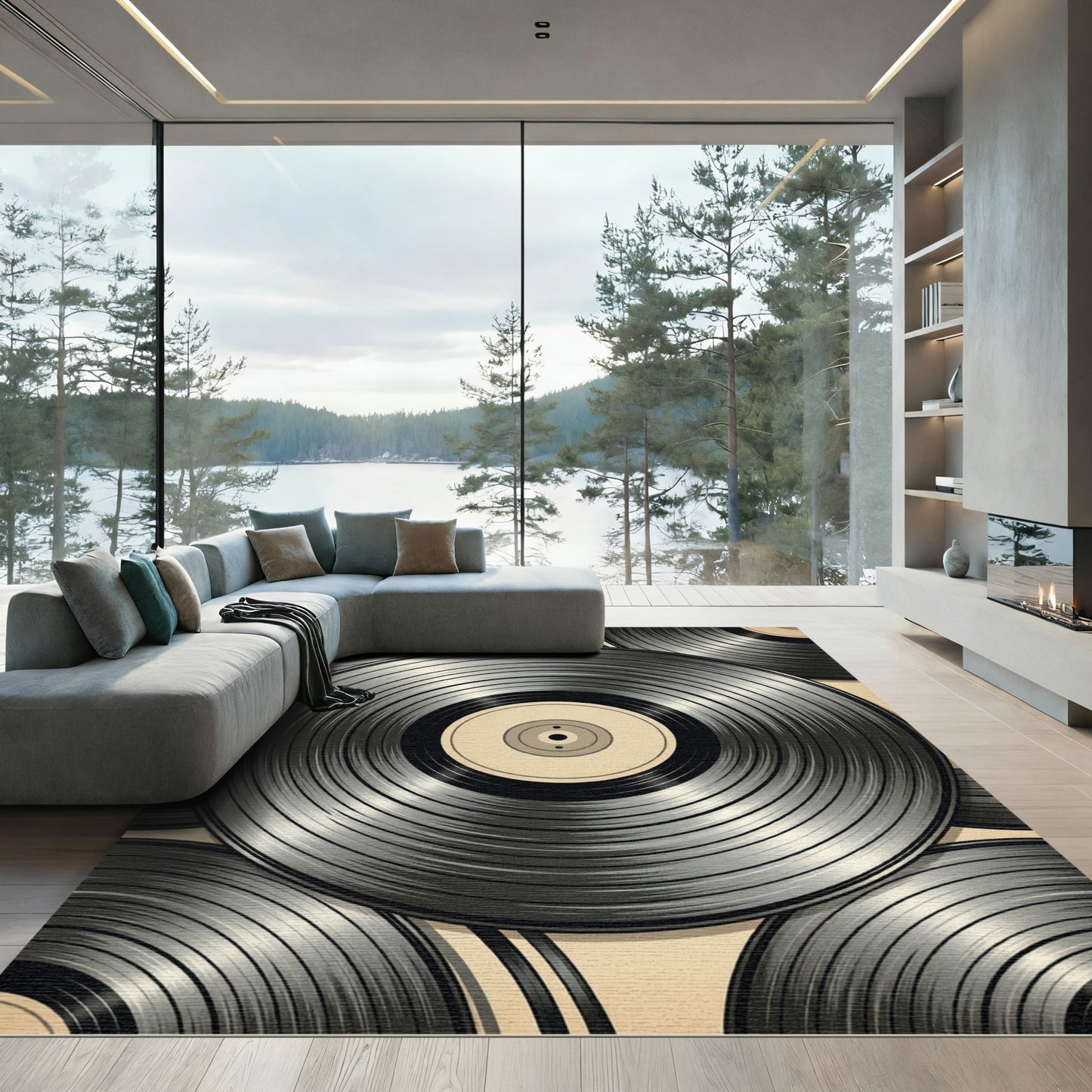 Retro Monochromatic Vinyl Record Circles Rug