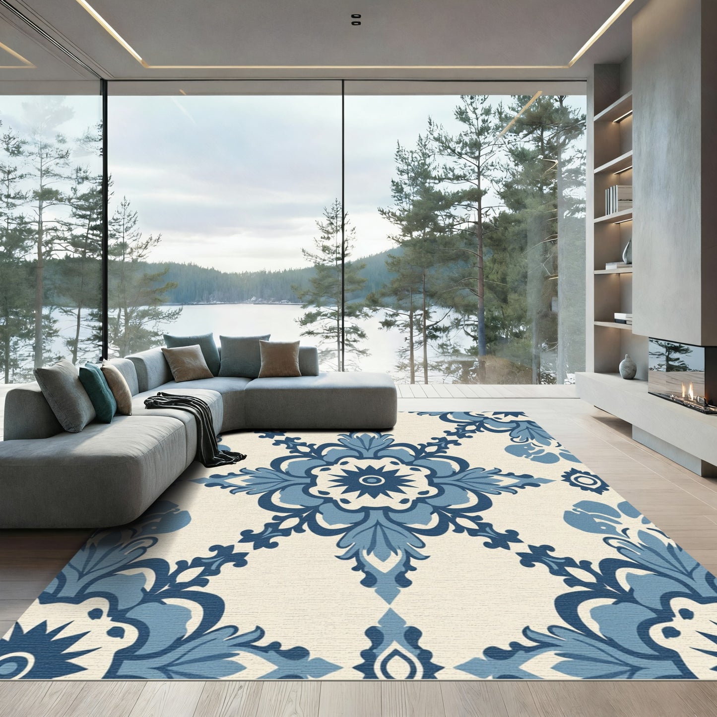 Blue Ivory Damask Floral Medallion Rug