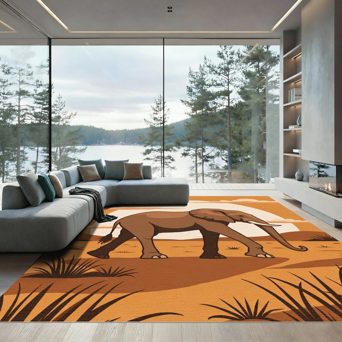 Brown Elephant Safari Sunset Scene Rug