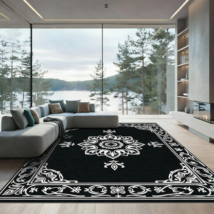 Black White Ornamental Floral Medallion Rug