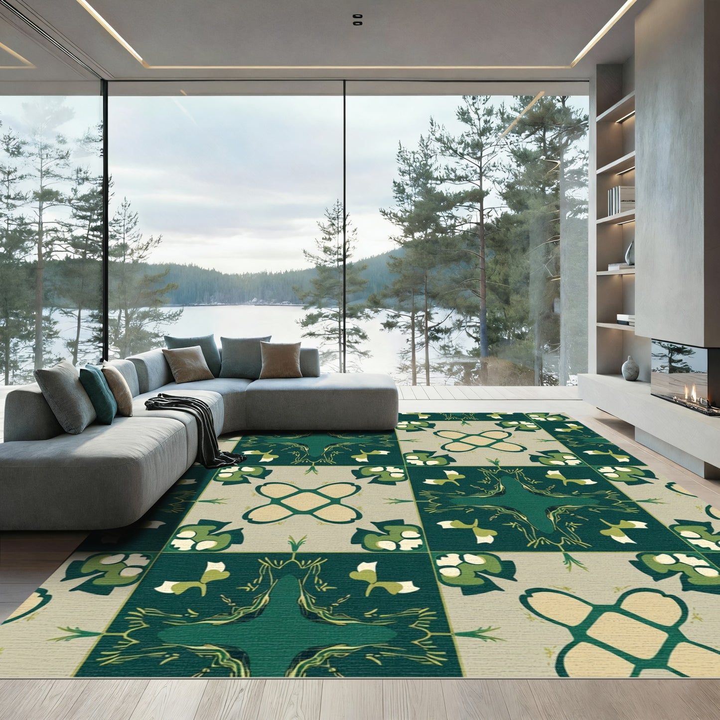 Deep Emerald Garden Floral Tile Rug