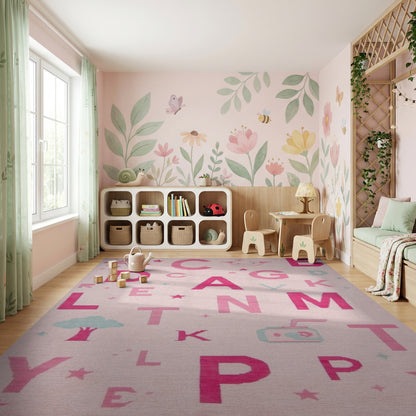 Playful Pink Alphabet Pig Stars Rug