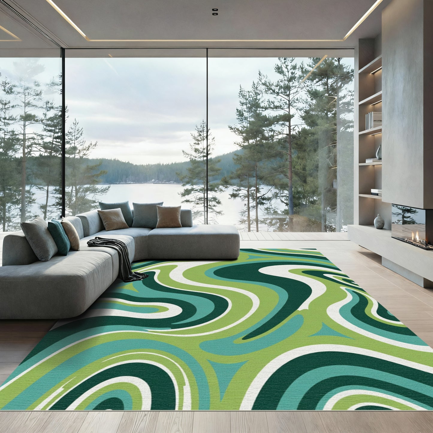 Retro Green Swirl Abstract Rug