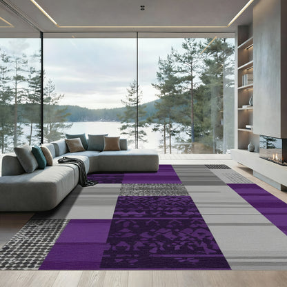 Bold Purple Gray Geometric Patchwork Rug