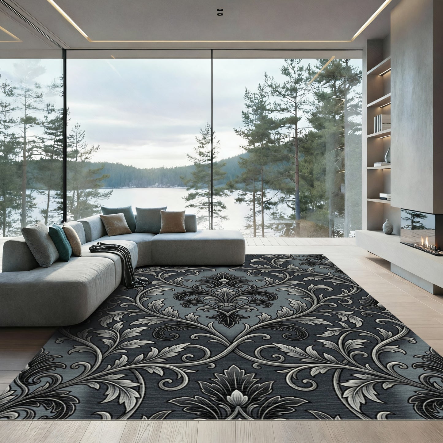 Ornate Black Silver Damask Scroll Rug