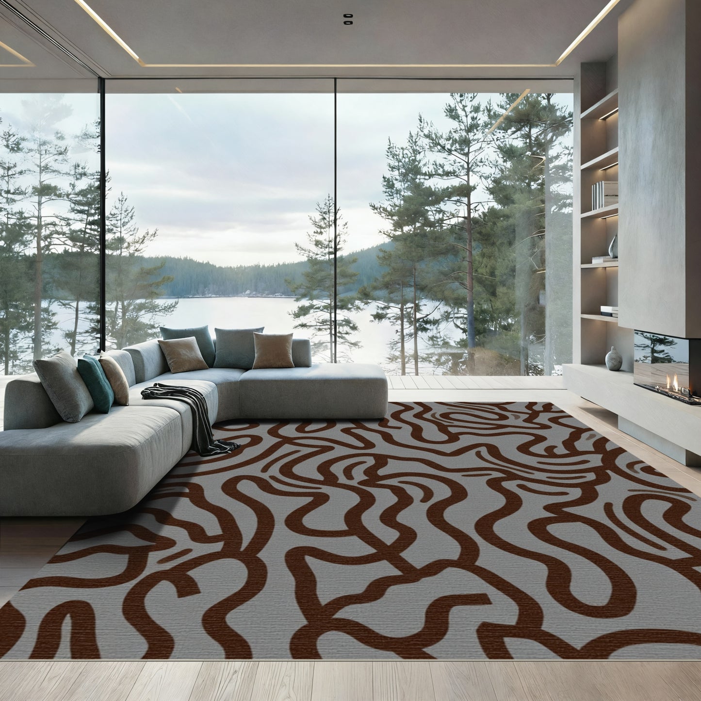Brown Wavy Lines Gray Overlay Rug