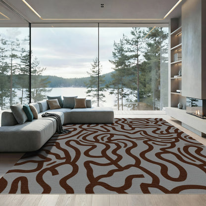 Brown Wavy Lines Gray Overlay Rug