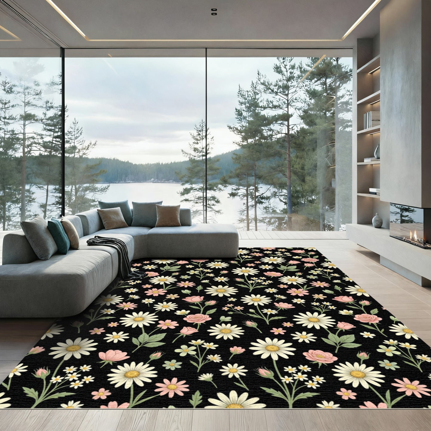 Pink Daisy and Rose Floral Arrangement Rug