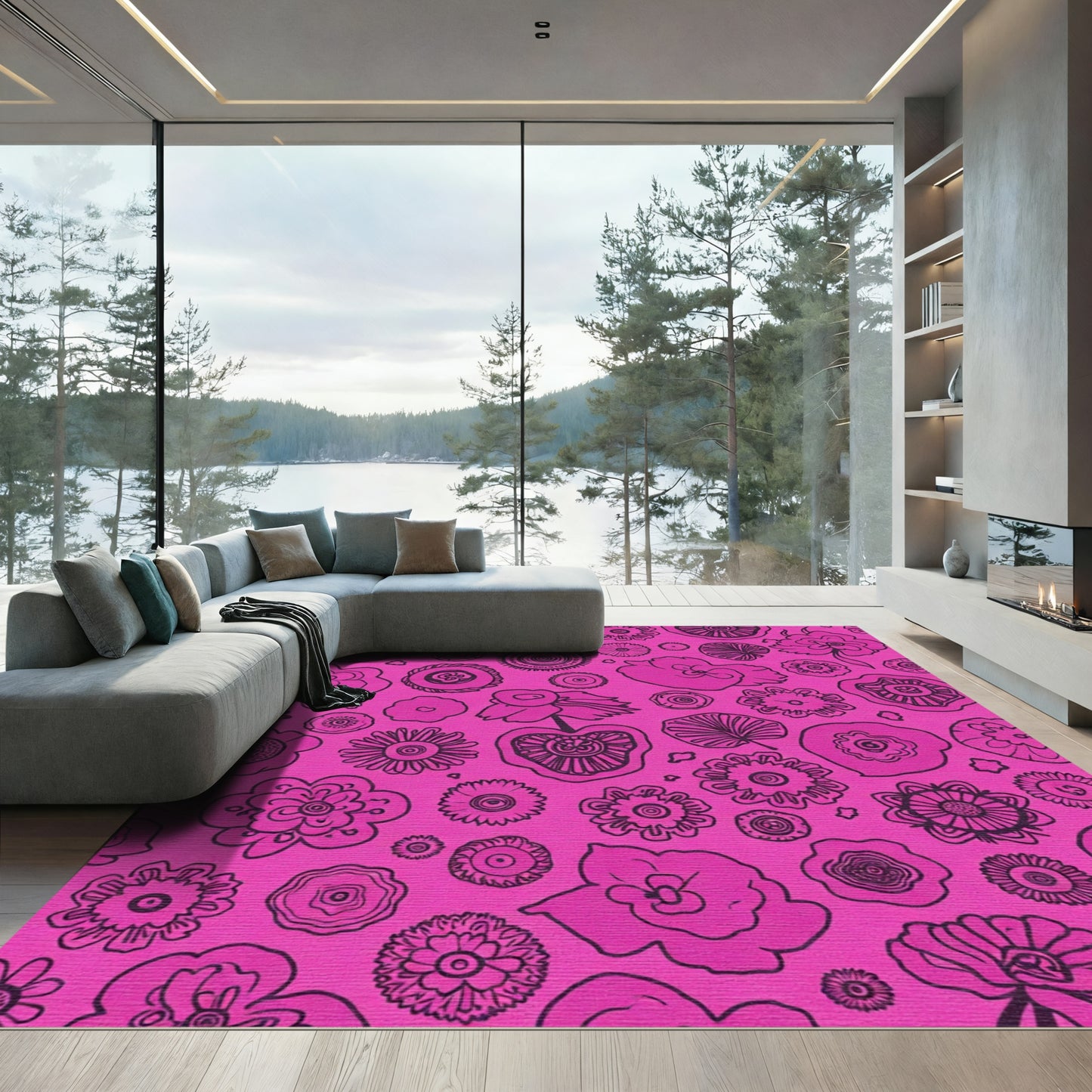 Bright Pink Botanical Outline Flower Arrangement Rug