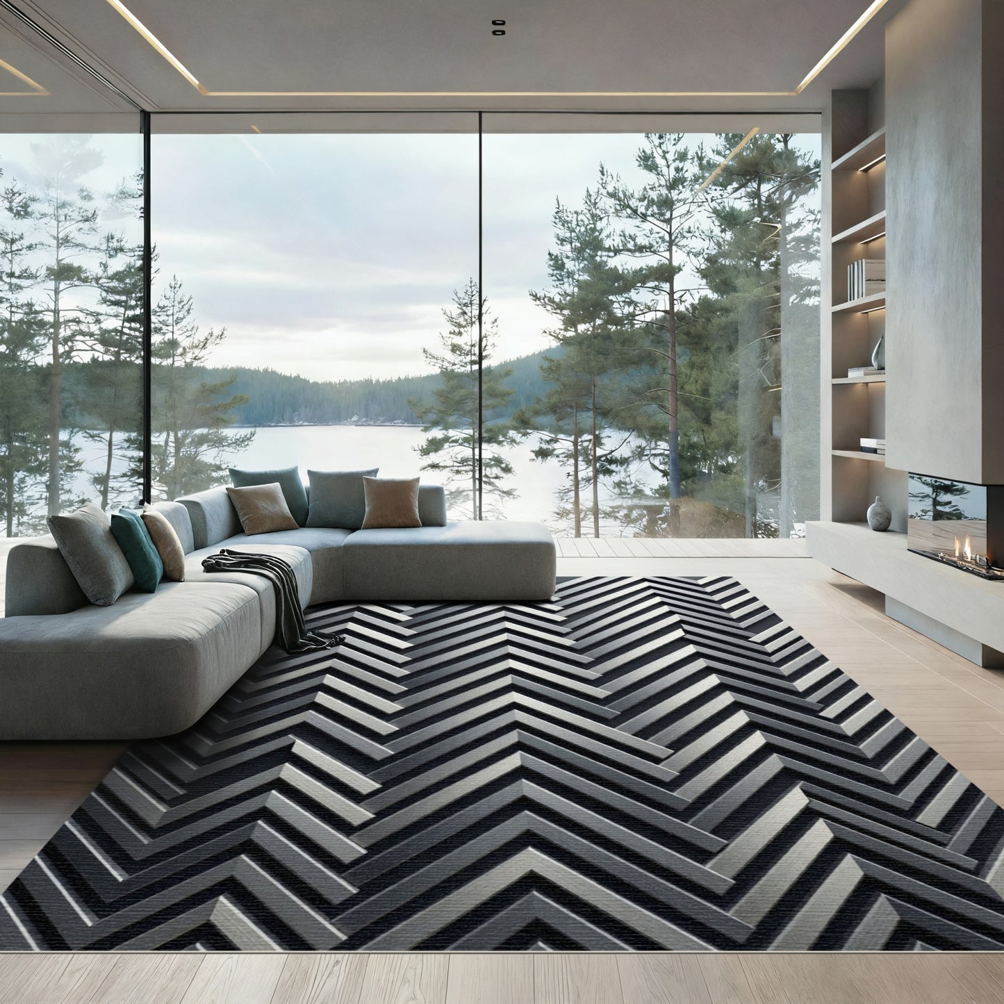 Metallic Silver Chevron Geometric Texture Rug