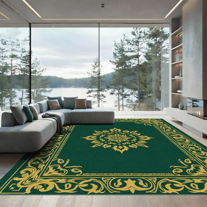Dark Green Golden Medallion Mandala Rug