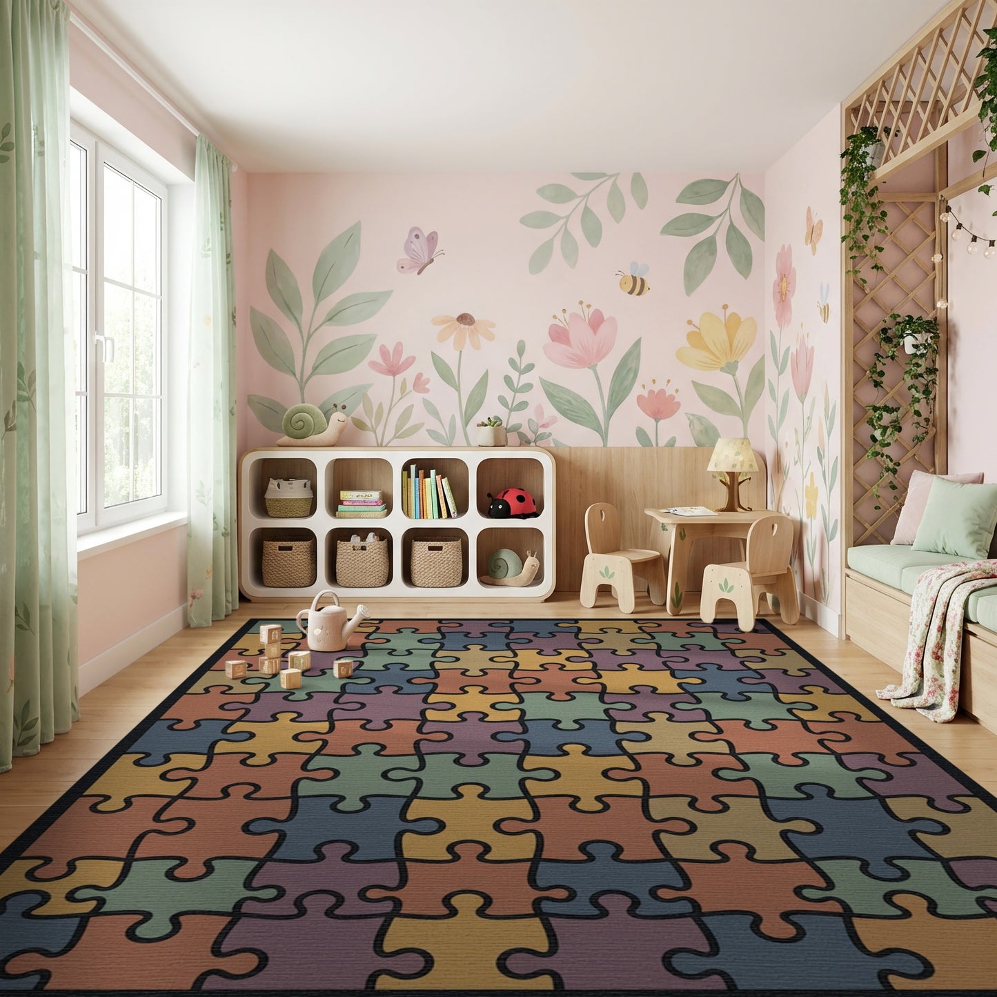 Earthy Multicolor Jigsaw Puzzle Rug