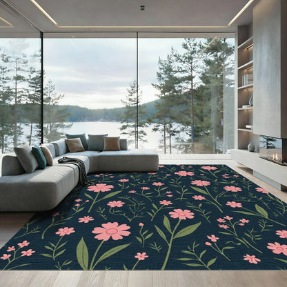 Dark Blue Pink Floral Field Rug