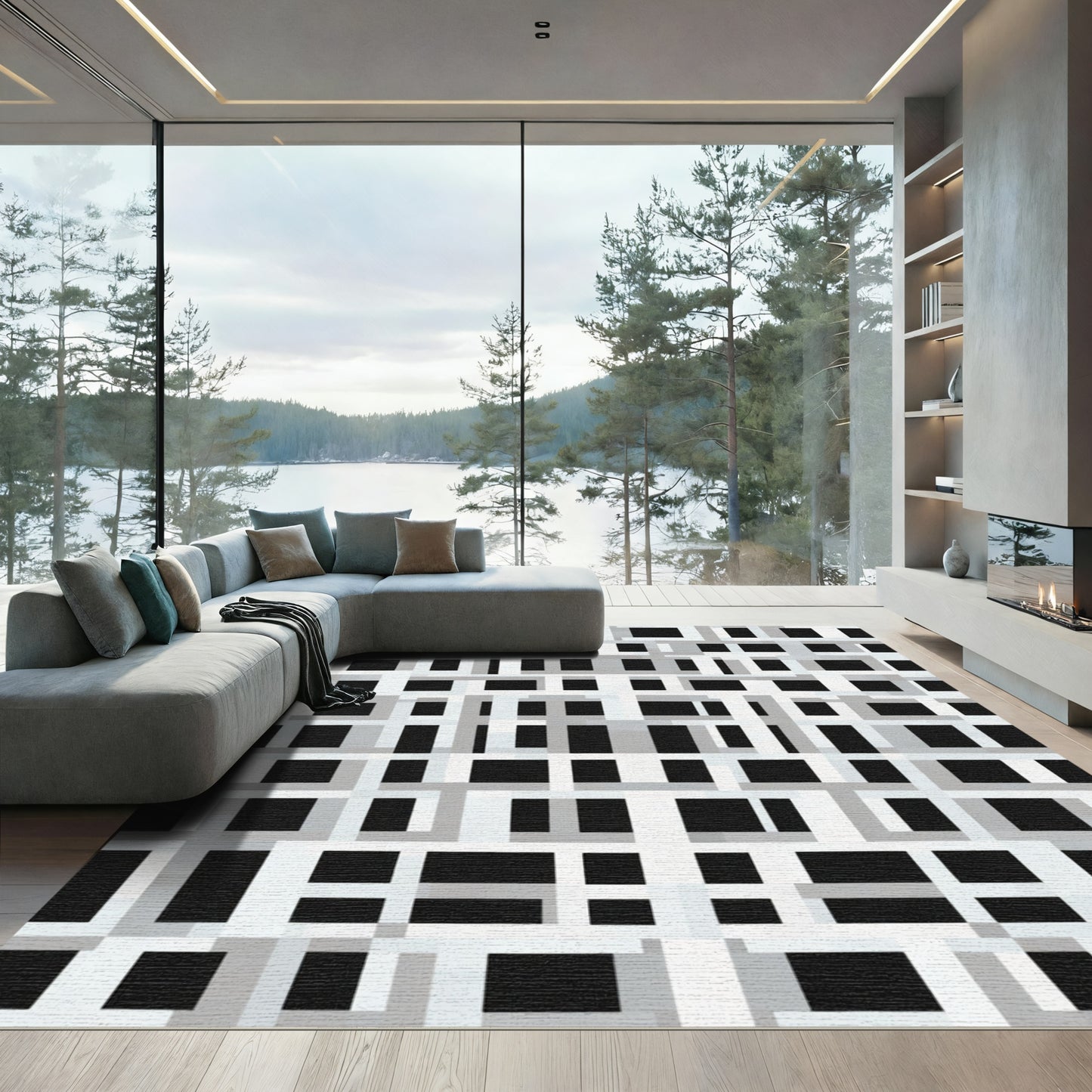 Monochrome Intersecting Lines Rectangles Rug