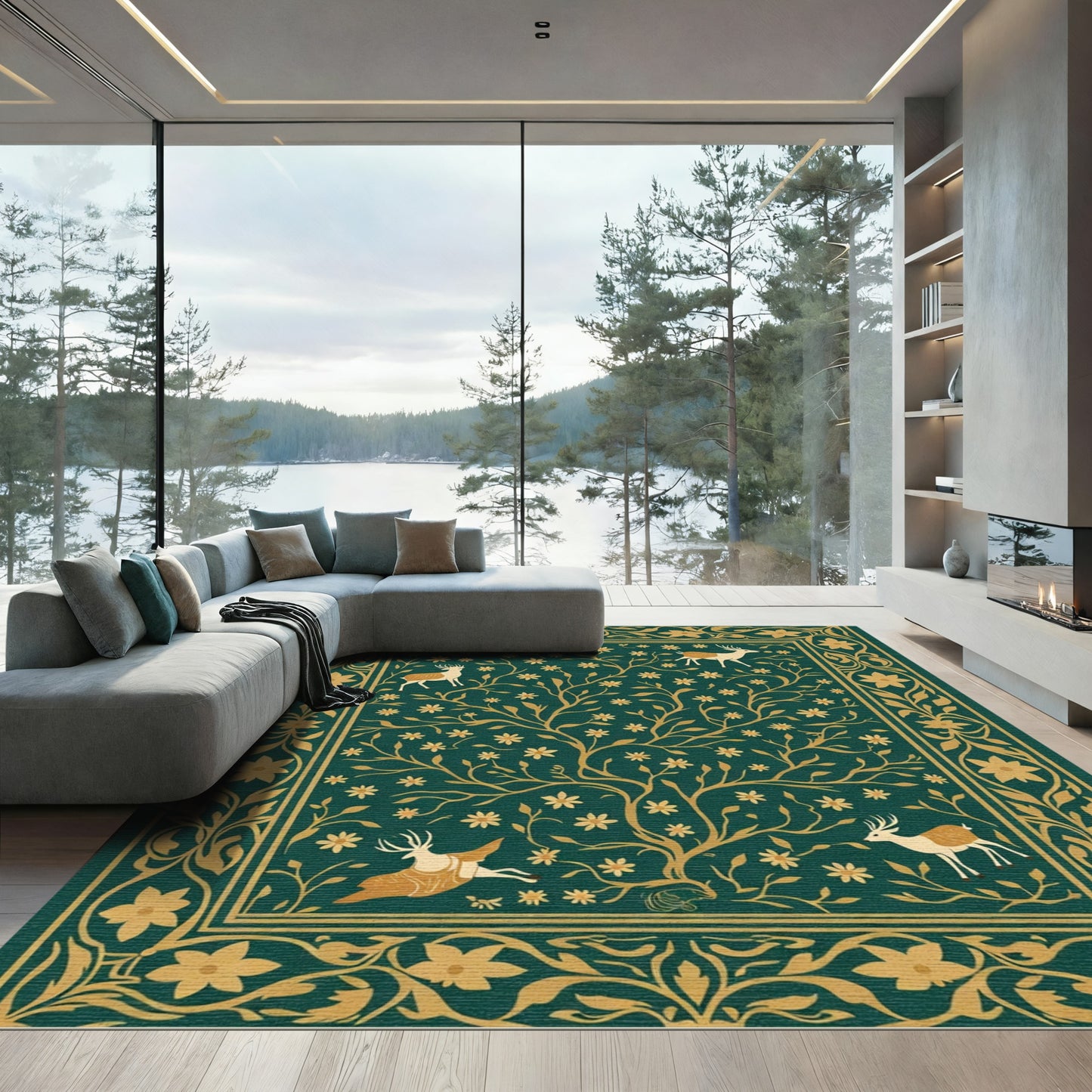 Verdant Green Golden Deer Forest Rug