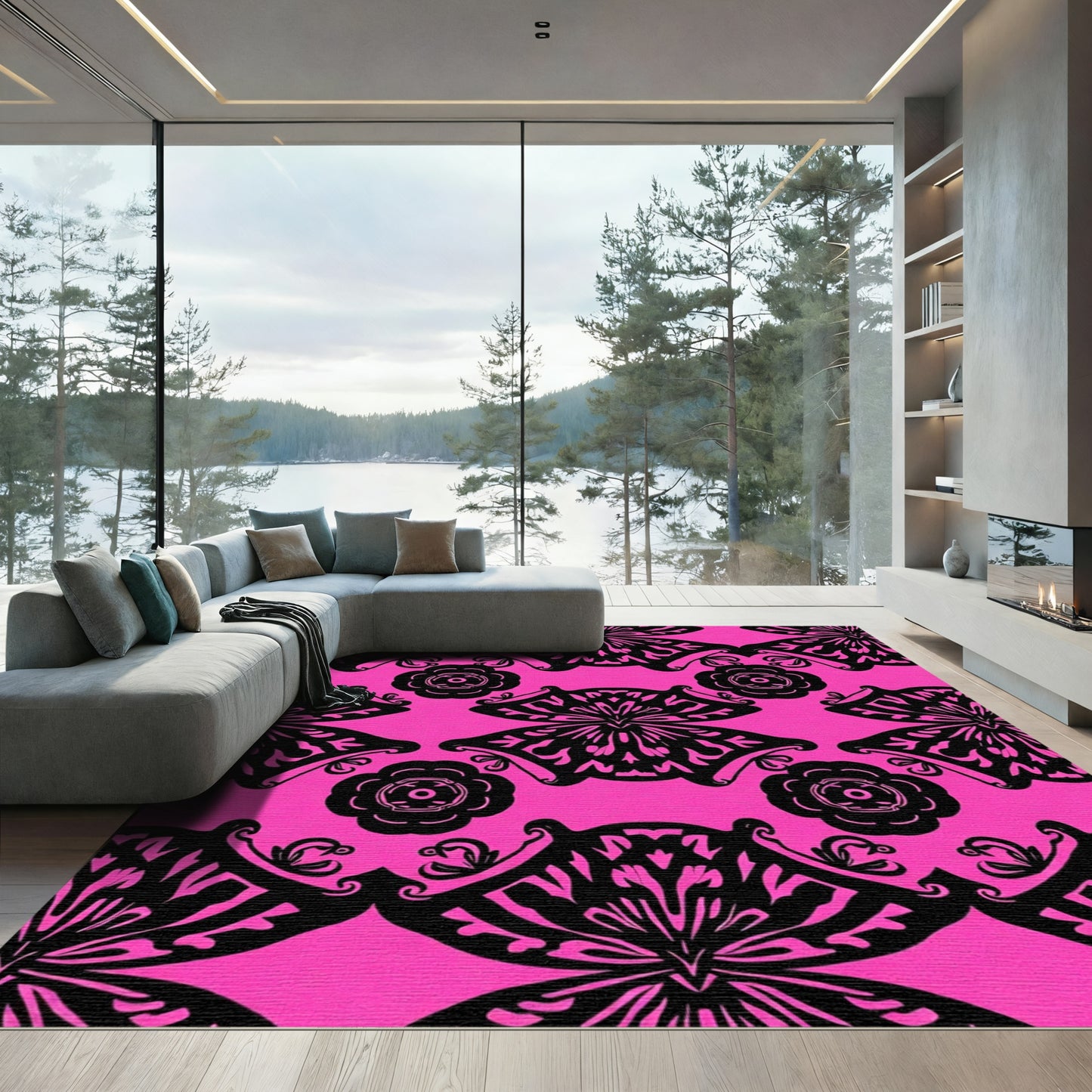 Hot Pink Black Butterfly Lace Rug