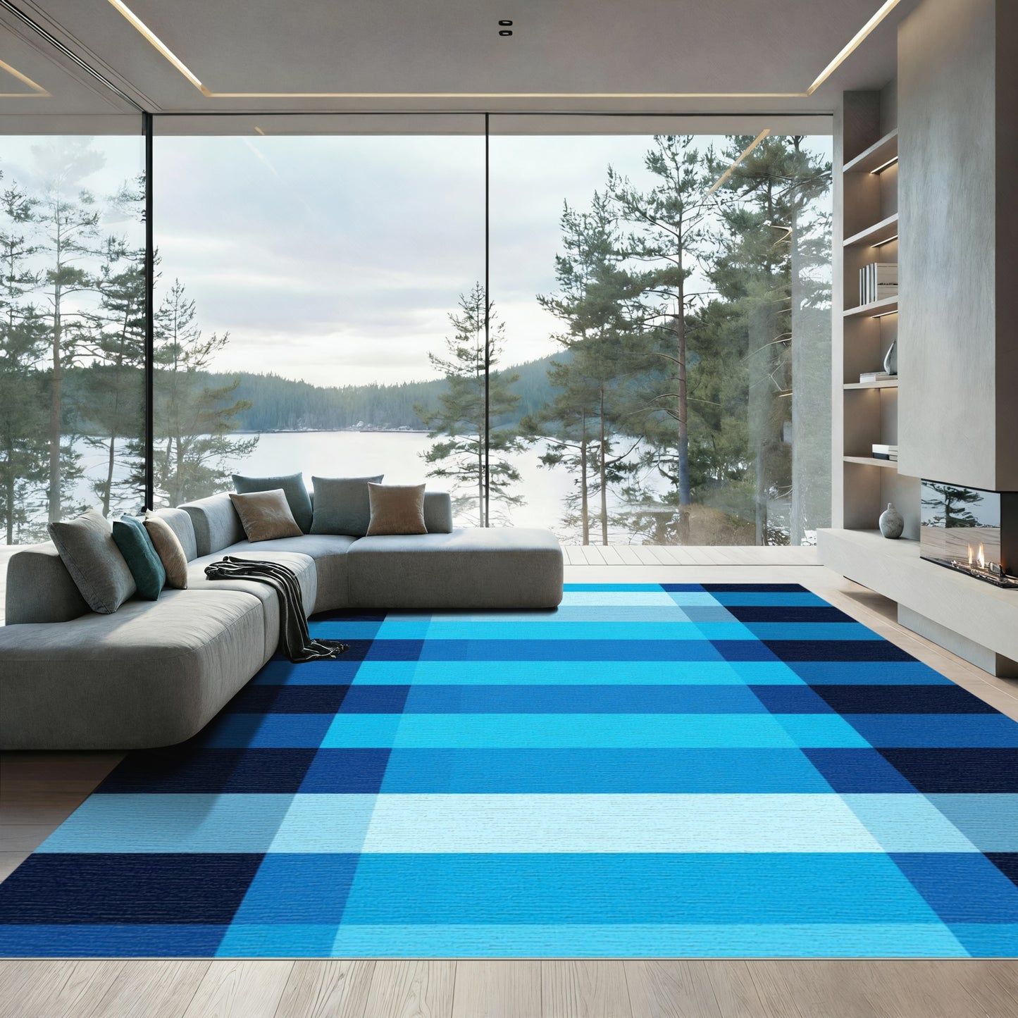 Cool Blue Plaid Gradient Rug
