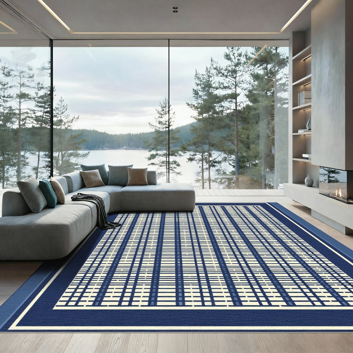 Navy Blue Cream Plaid Border Rug