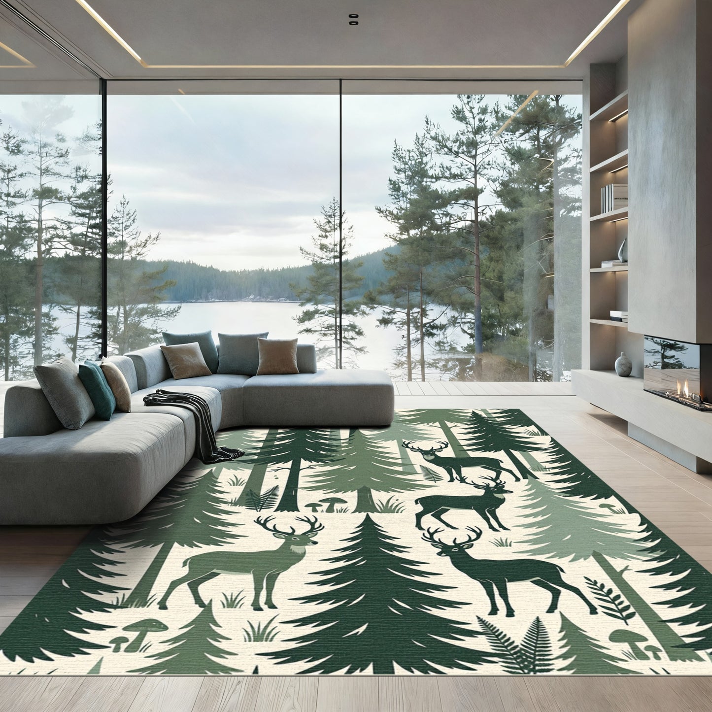 Green Forest Deer Woodland Illustration Rug