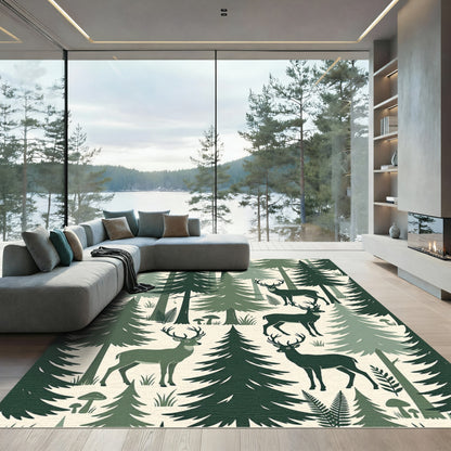 Green Forest Deer Woodland Illustration Rug