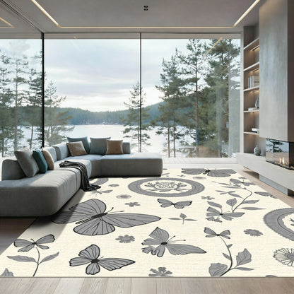 Gray Butterflies Floral Circular Medallion Rug