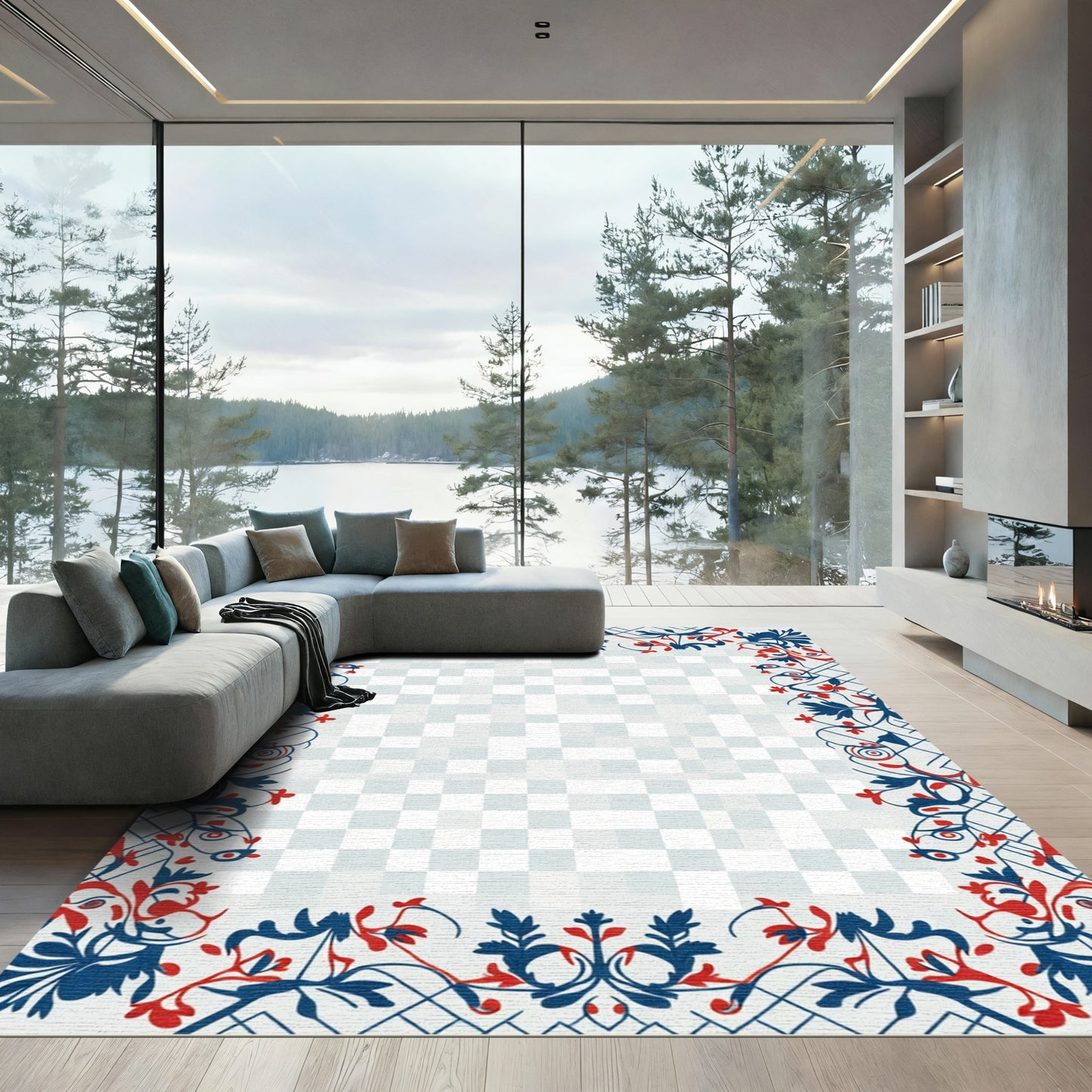 Crimson Blue Vine Scrollwork Border Rug