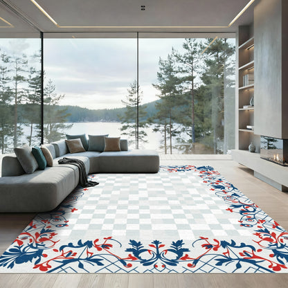 Crimson Blue Vine Scrollwork Border Rug