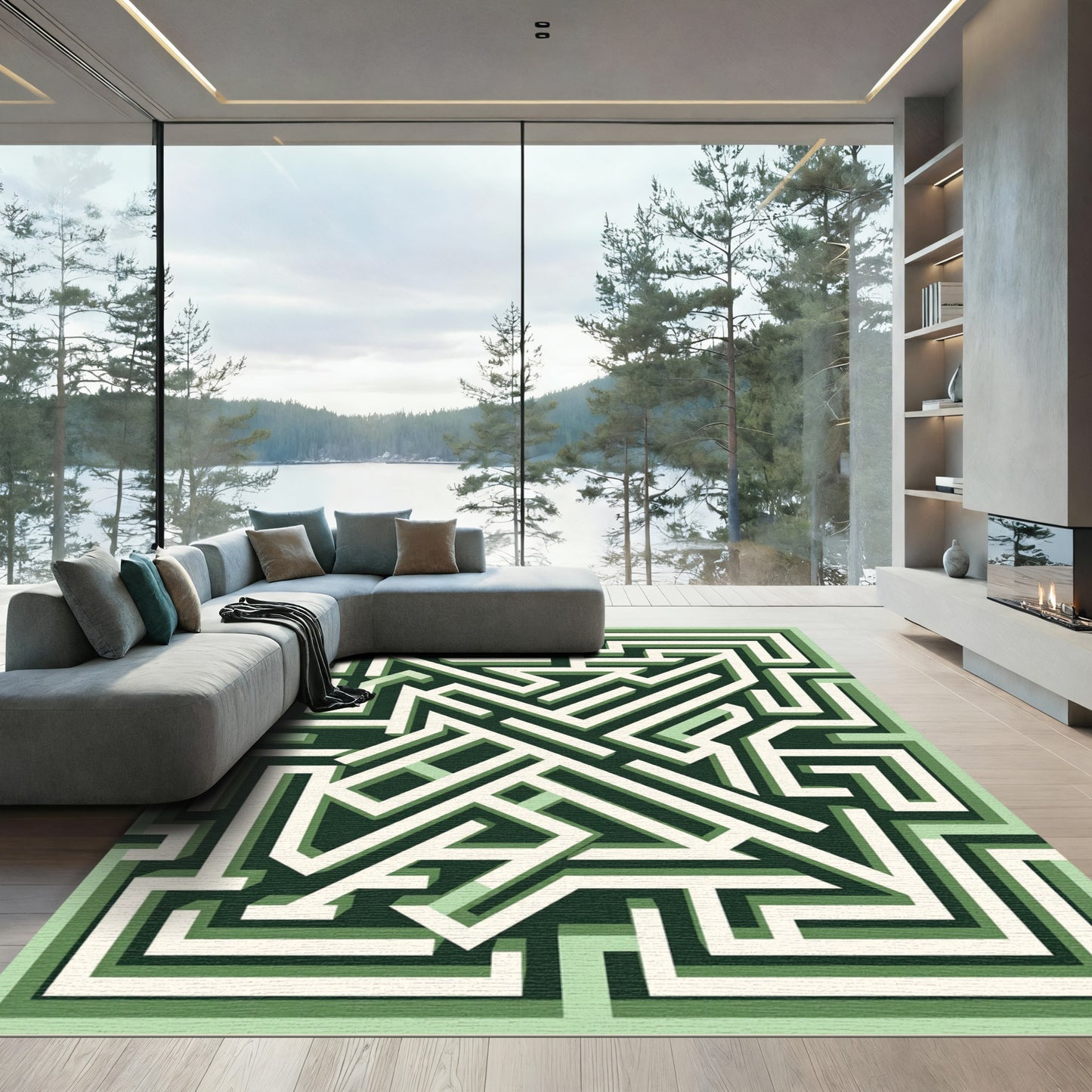 Geometric Forest Green Labyrinth Maze Rug