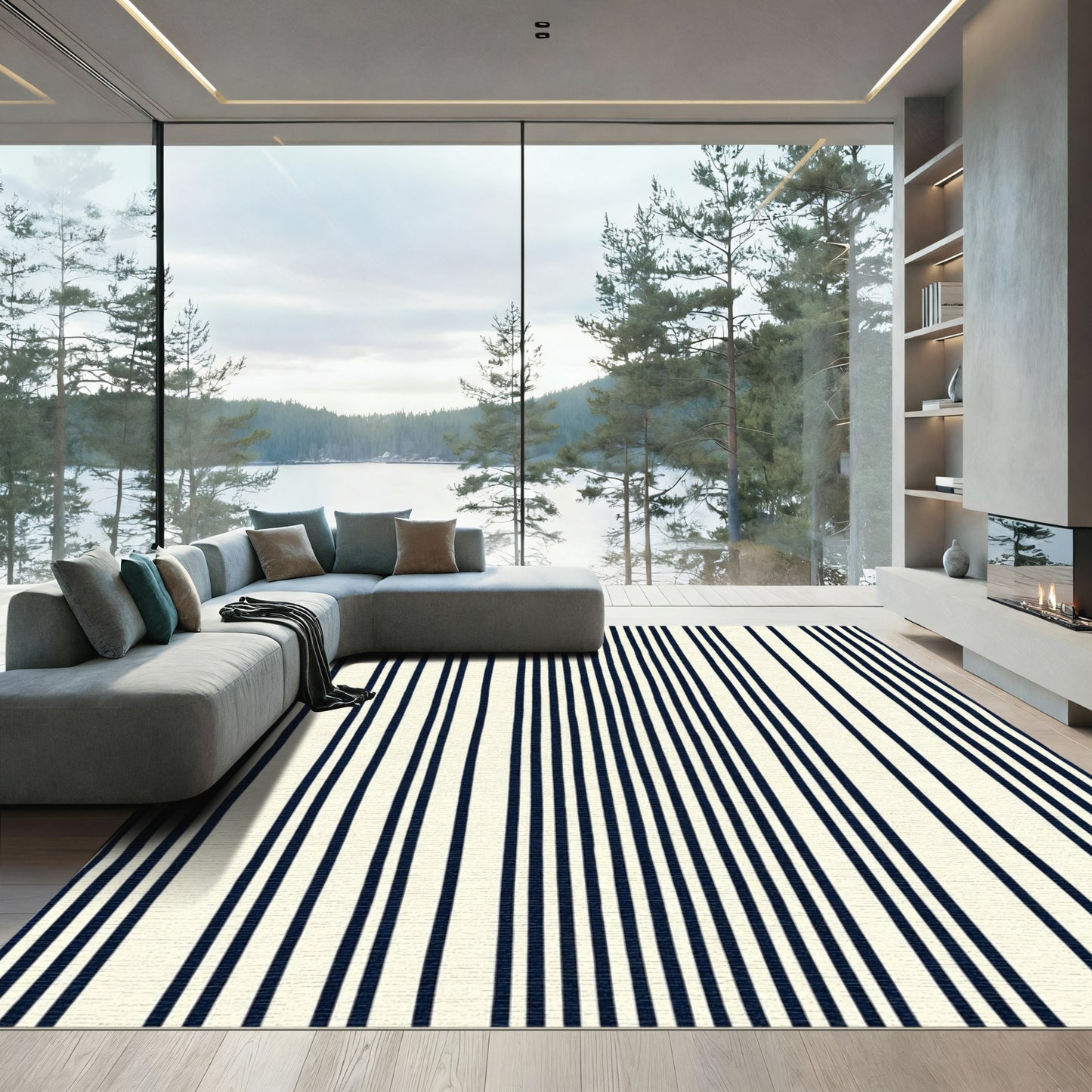 Hand Drawn Navy Cream Stripe Rug