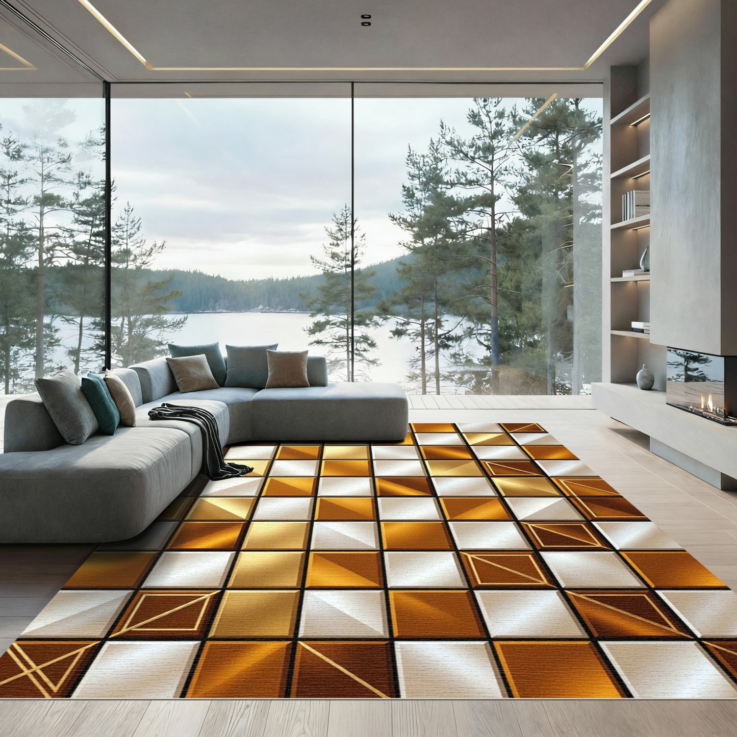 Golden White Metallic Square Grid Rug