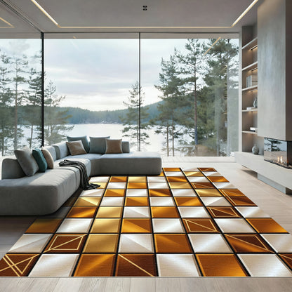 Golden White Metallic Square Grid Rug