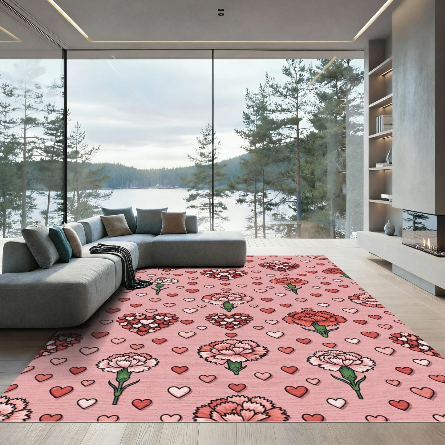 Pink Hearts Carnation Pattern Rug