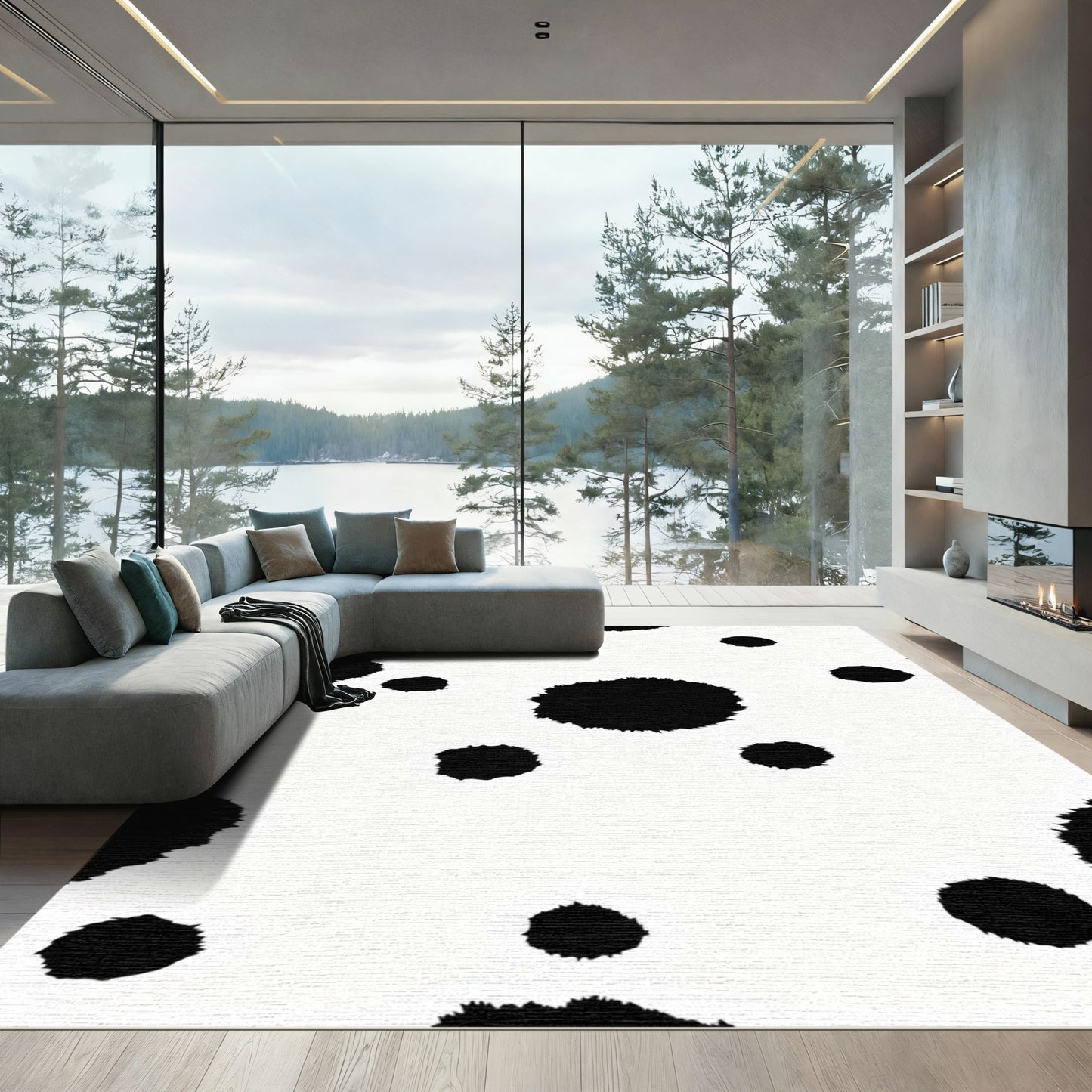 Black Spot Abstract White Rug